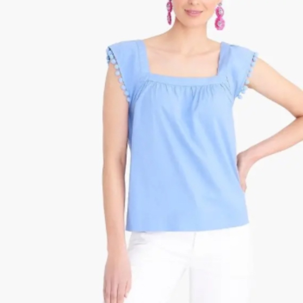 JCrew Factory Blue Square Neck Tank with Poms Size 6